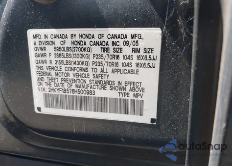 2006 Honda Pilot Ex-L z USA, uszkodzony, nr VIN 2HKYF18576H500983